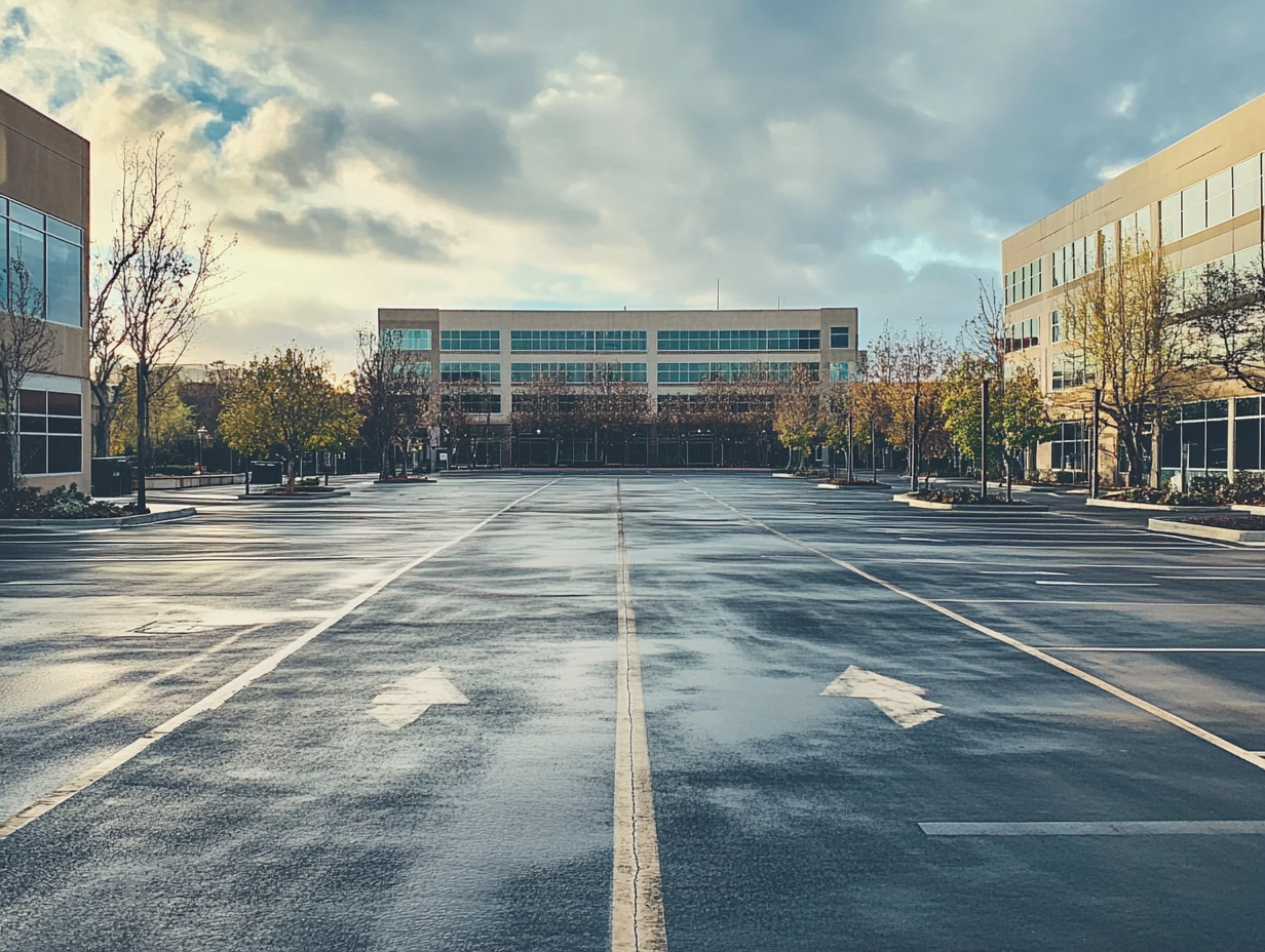 Realistic parking lot in front of large building.