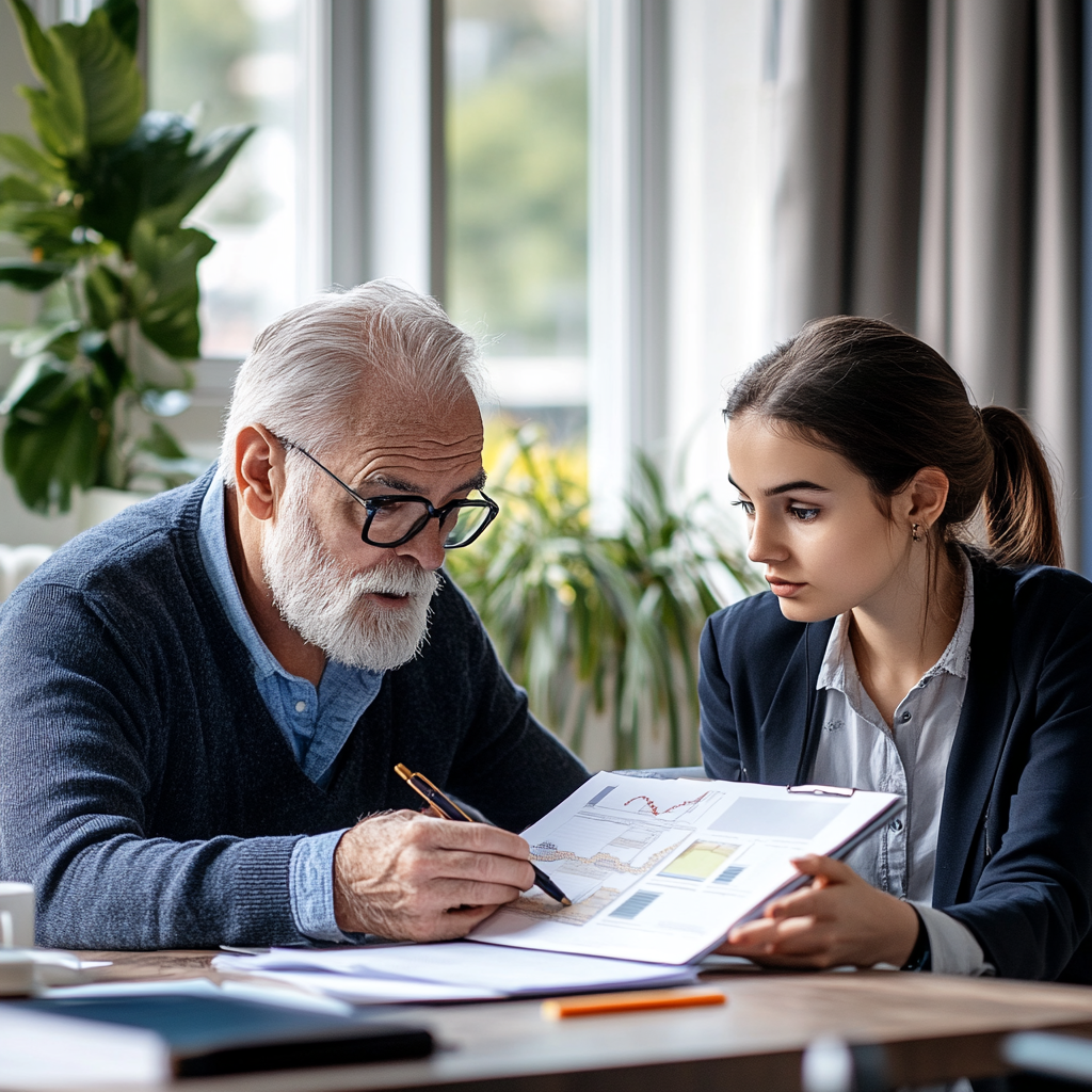 Realistic photo of 50-year-old accountant with 20-year-old client.