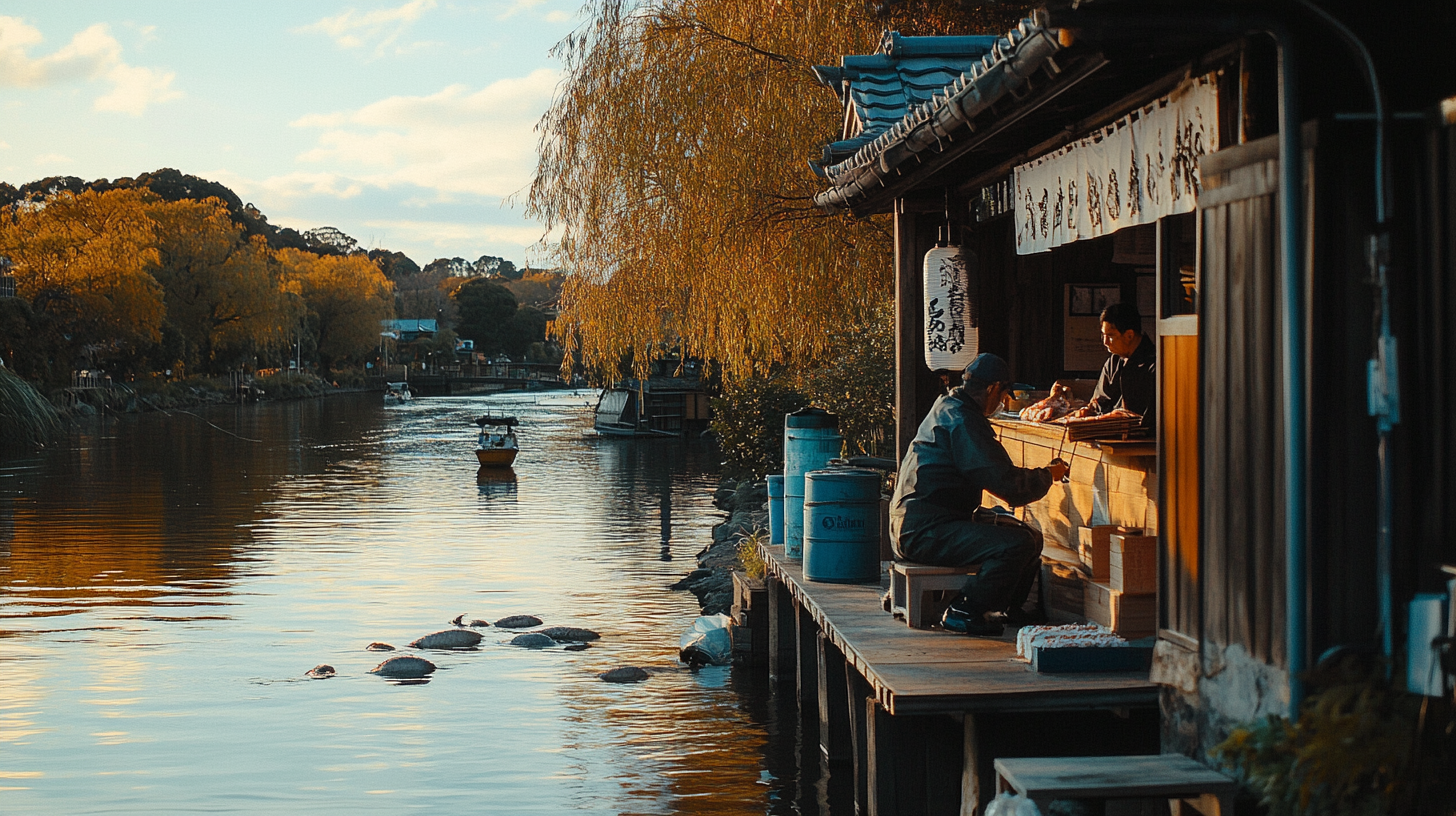 Realistic photo of Australian river with fishermen and sushi.