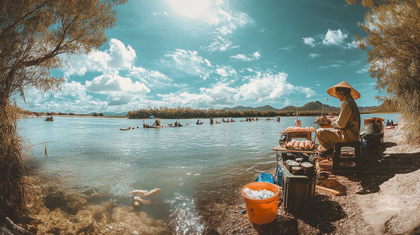 Realistic photo of Australian river with sushi master.