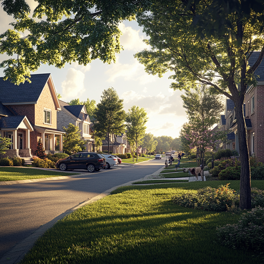 Realistic photo of Canadian neighborhood with classic elements.