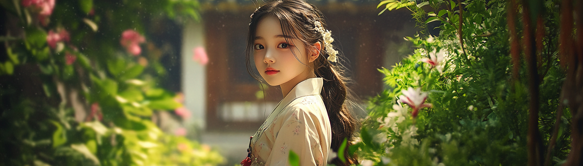 Realistic photo of Korean girl in serene garden with building.