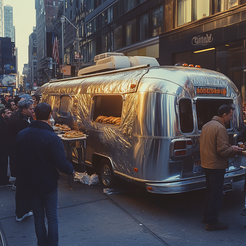 Realistic photo of RV wrapped in wax paper. Crowd around man giving out sandwiches.