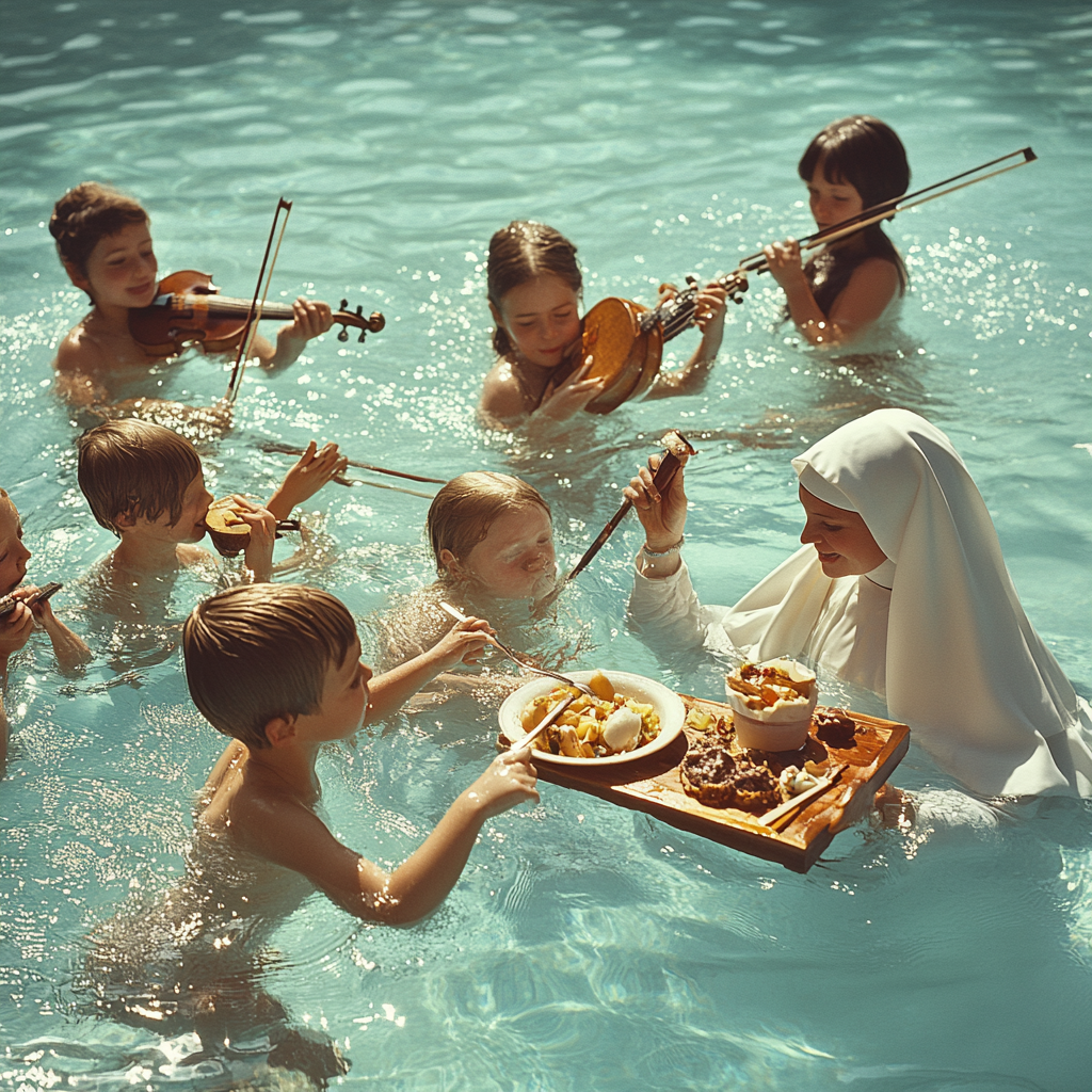 Realistic photo of children & nun eating, playing, swimming.