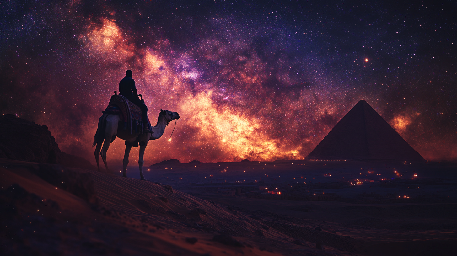 Realistic photo of desert night sky with pyramids.