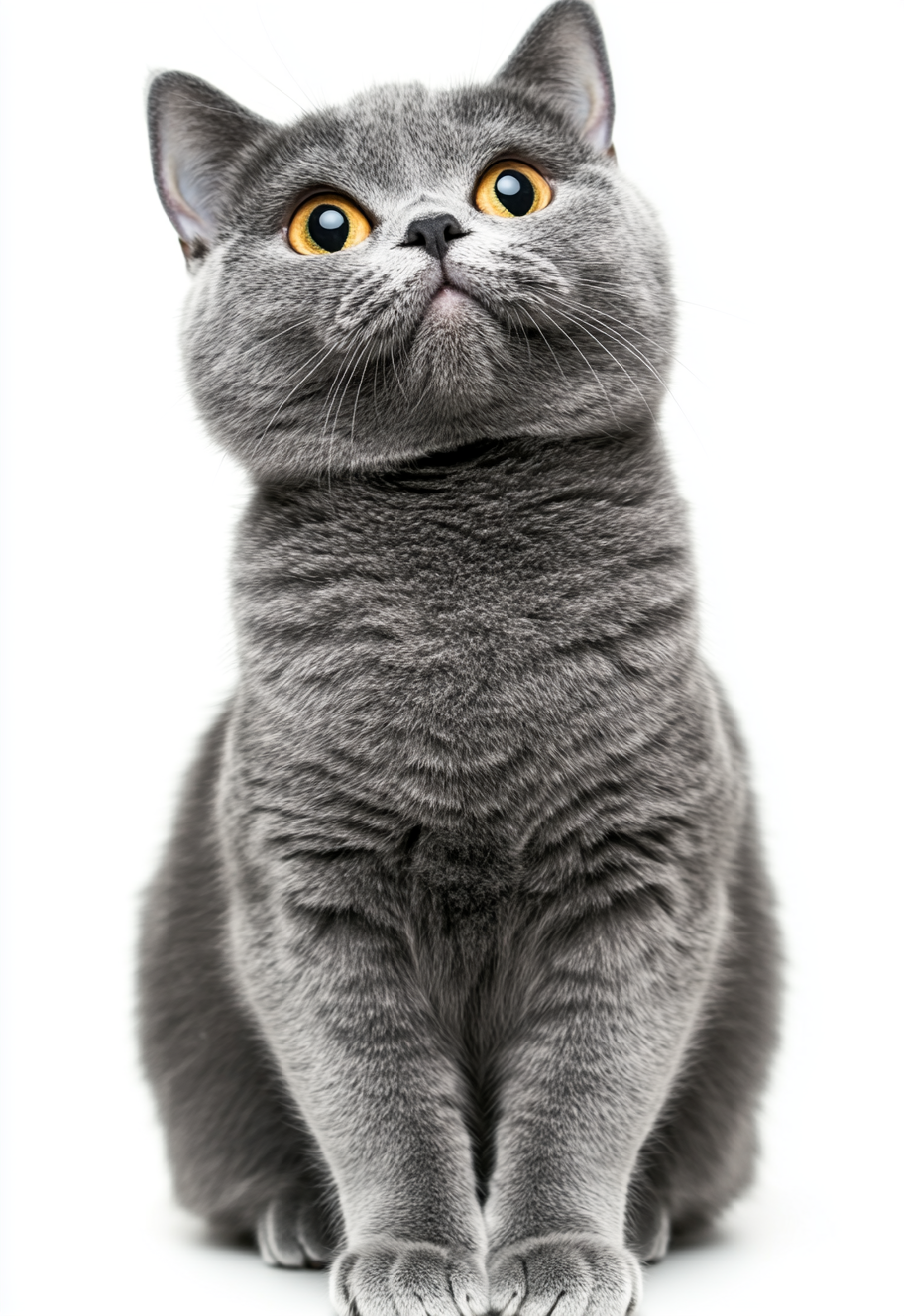 Realistic photo of grey British shorthair cat standing, hugging.