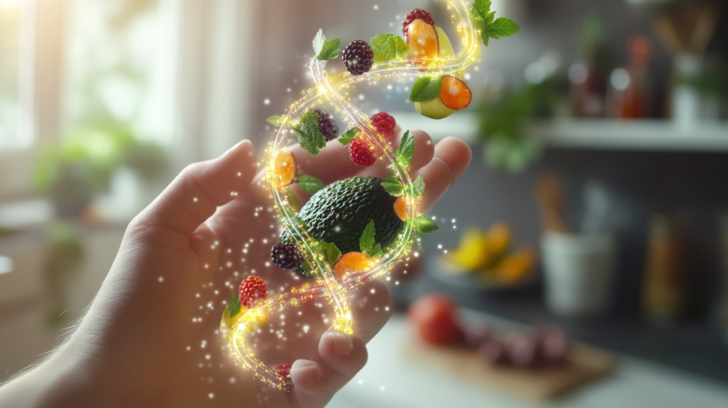 Realistic photo of hand holding glowing DNA with veggies.