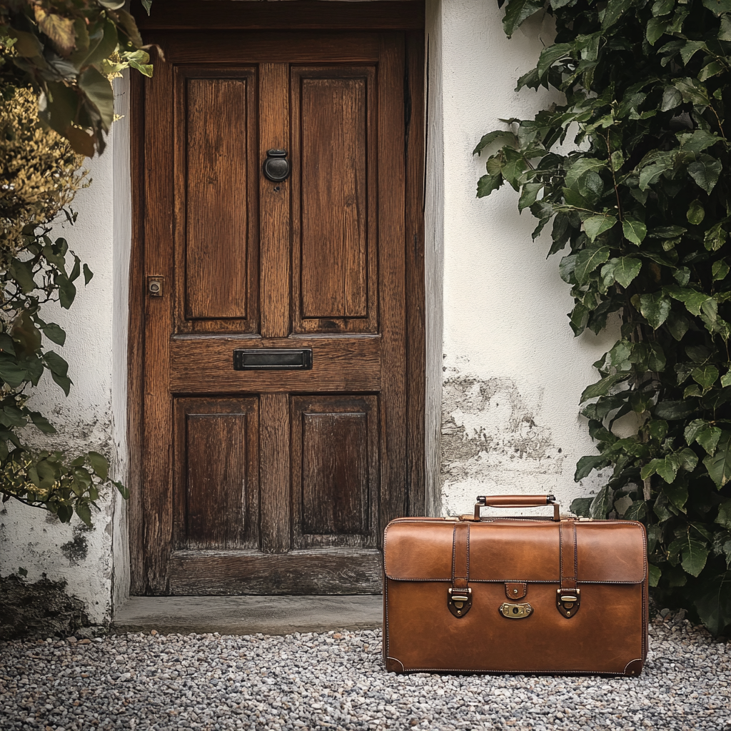 Realistic photo of leather bag near beautiful driveway.