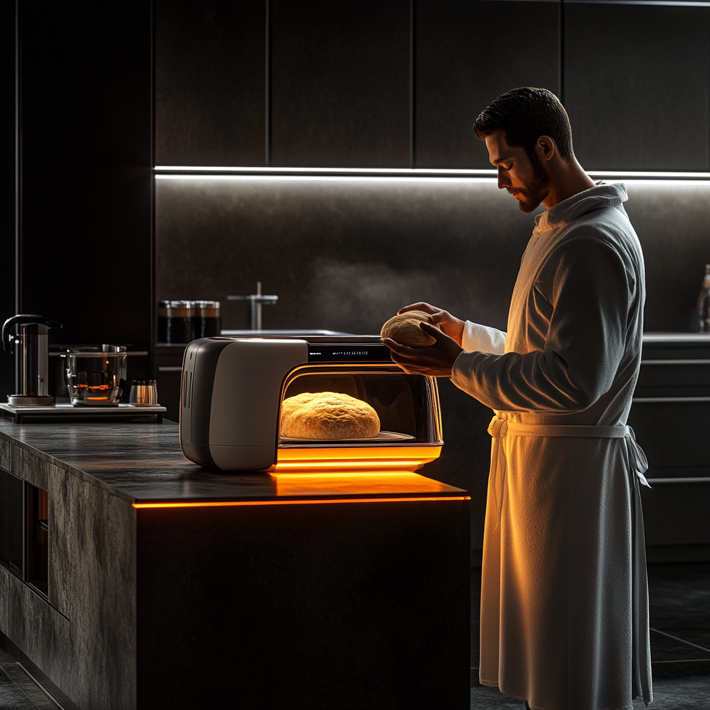 Realistic photo of male using futuristic bread machine.