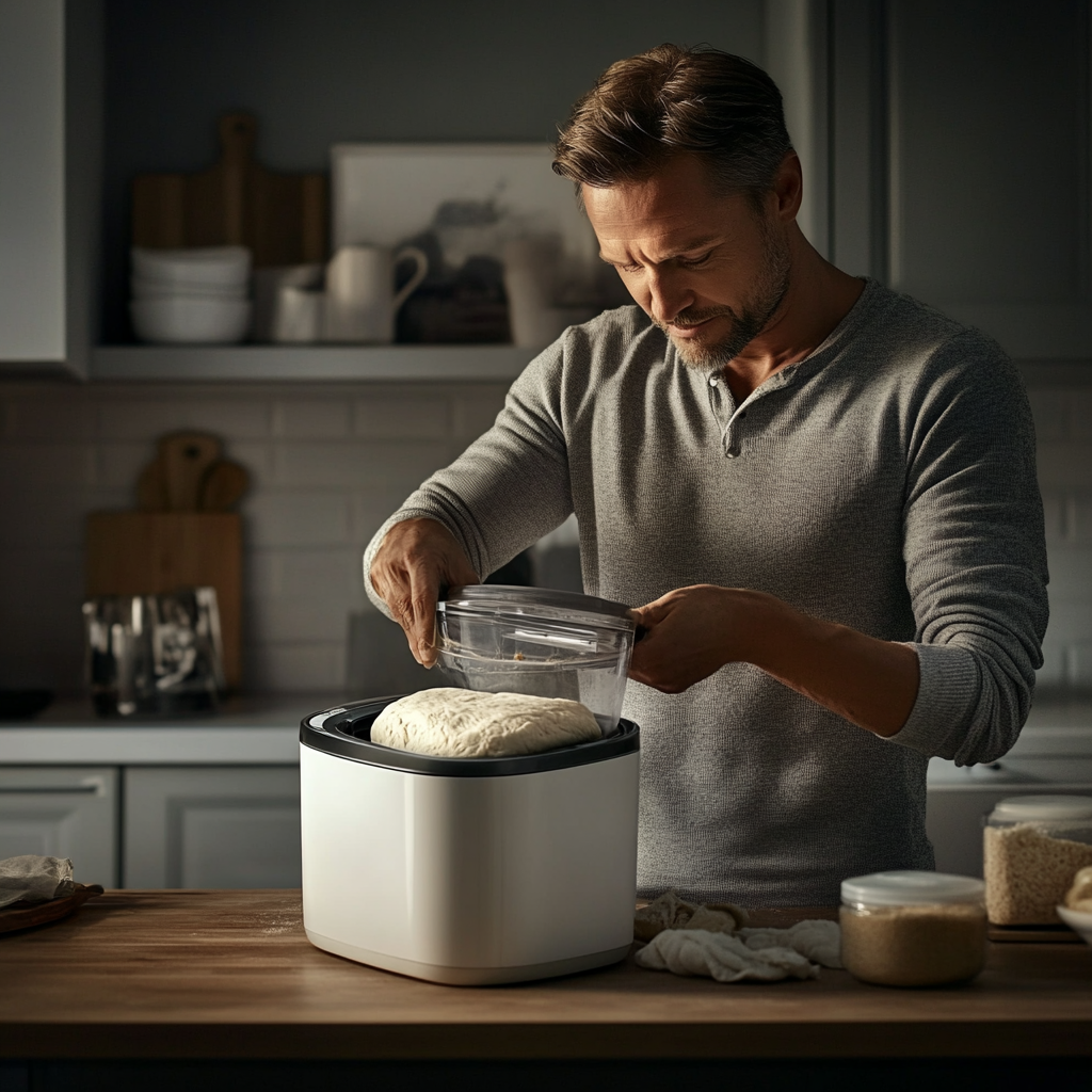 Realistic photo of man in pyjamas in kitchen, making bread.