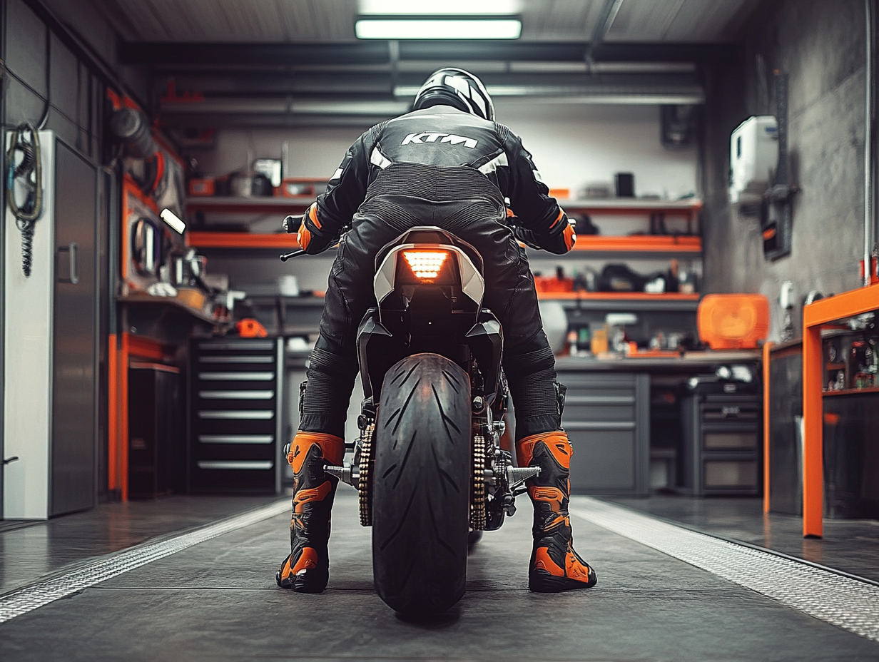 Realistic photo of mechanic in clean KTM workshop, no face.