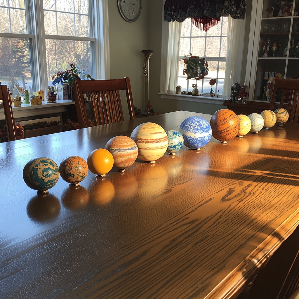 Realistic photo of model of planets on table.