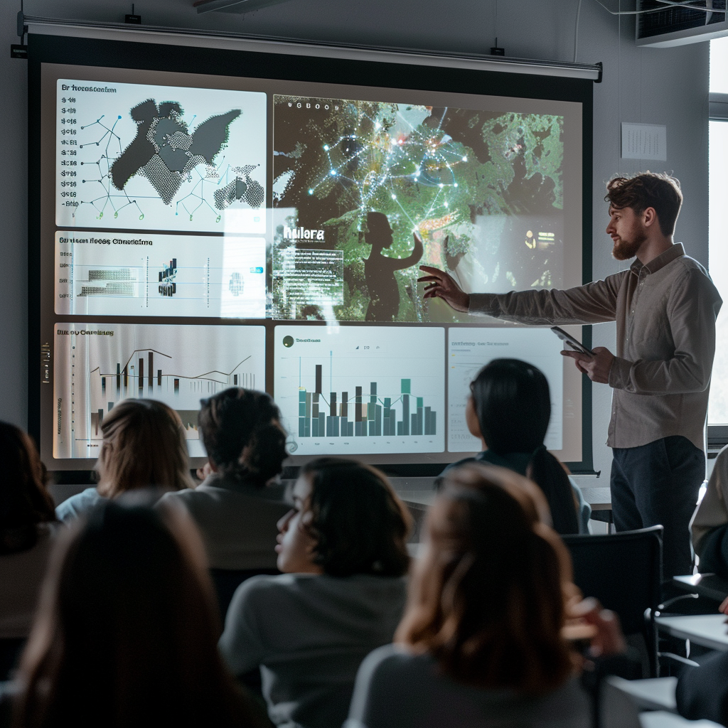 Realistic photo of teacher explaining climate change in classroom.