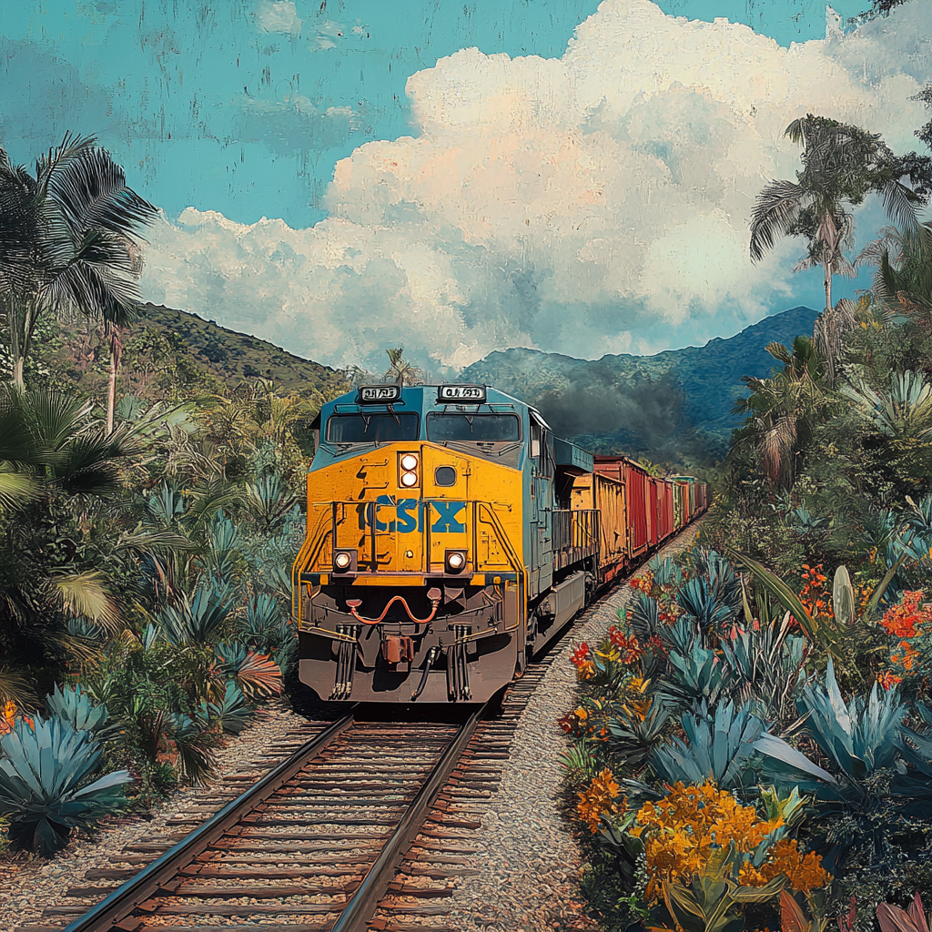 Realistic photo of train with cargo in landscape viewing