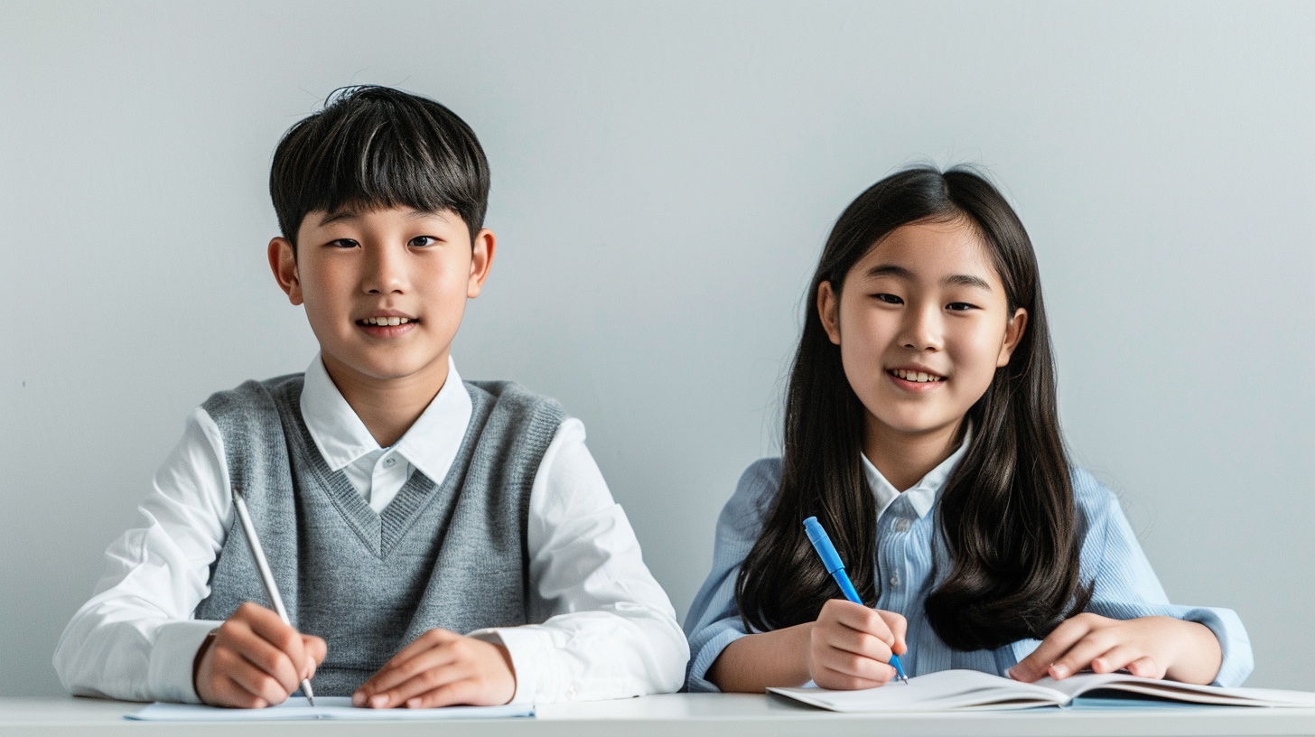 Realistic photograph of Korean middle school students studying English