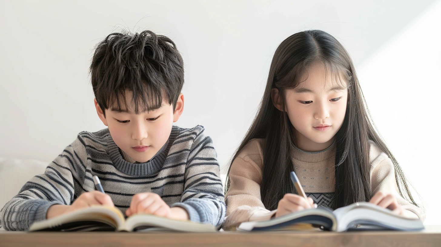 Realistic photograph of Korean students studying English