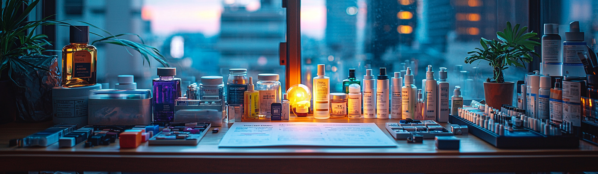 Realistic photograph of table seen up close. Products spread.