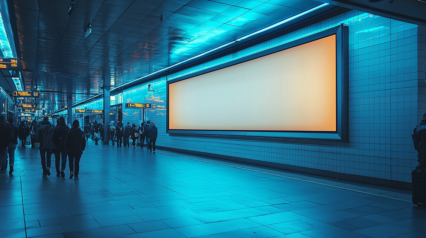 Realistic photography of modern building with glowing billboard.