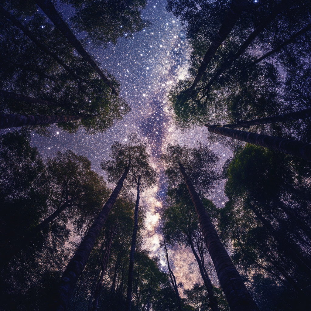 Realistic photos Asian forest, low angle, looking up Milky Way.