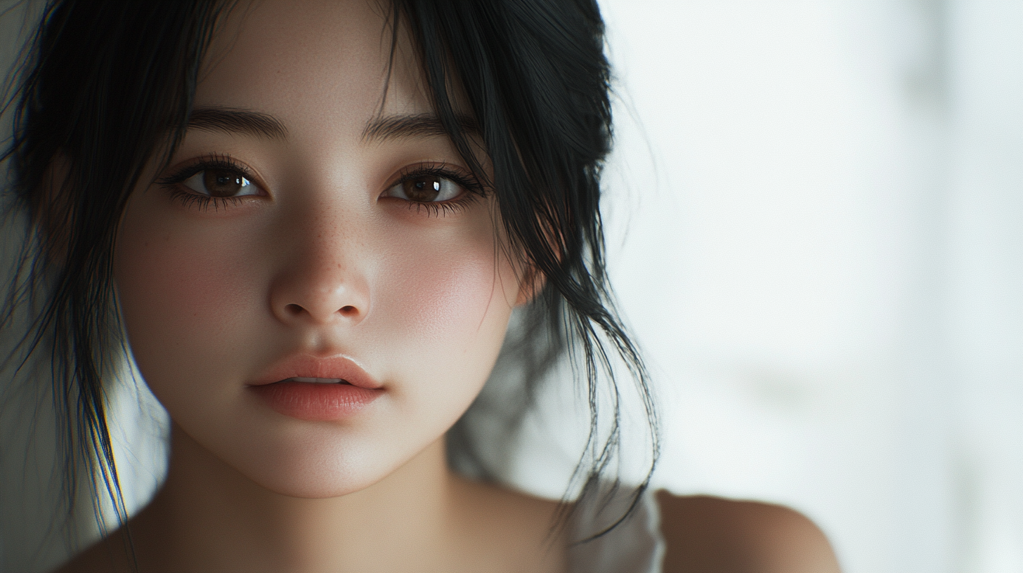 Realistic portrait black haired woman, chubby, HD quality, Nikon