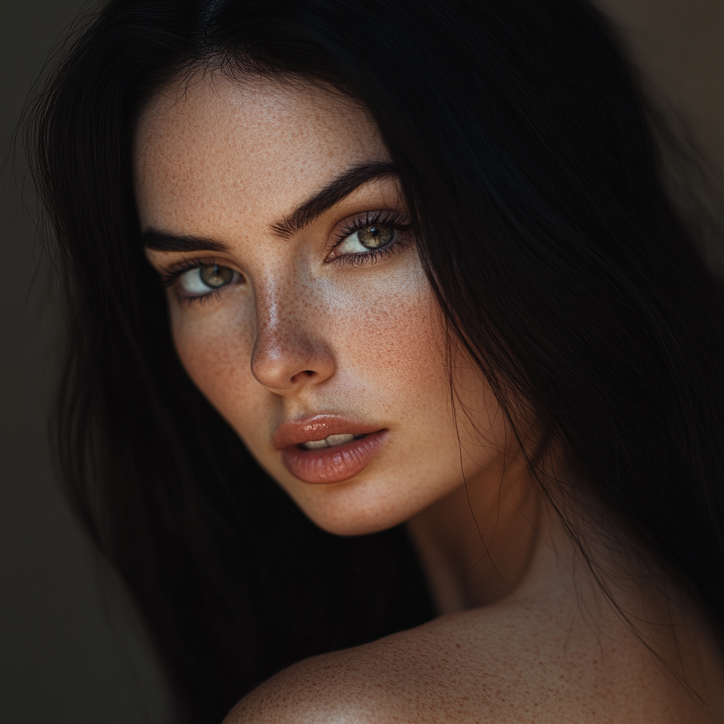 Realistic portrait of 28-year-old woman, direct eye contact 