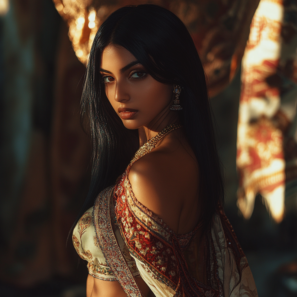 Realistic portrait of South Asian woman, traditional clothing