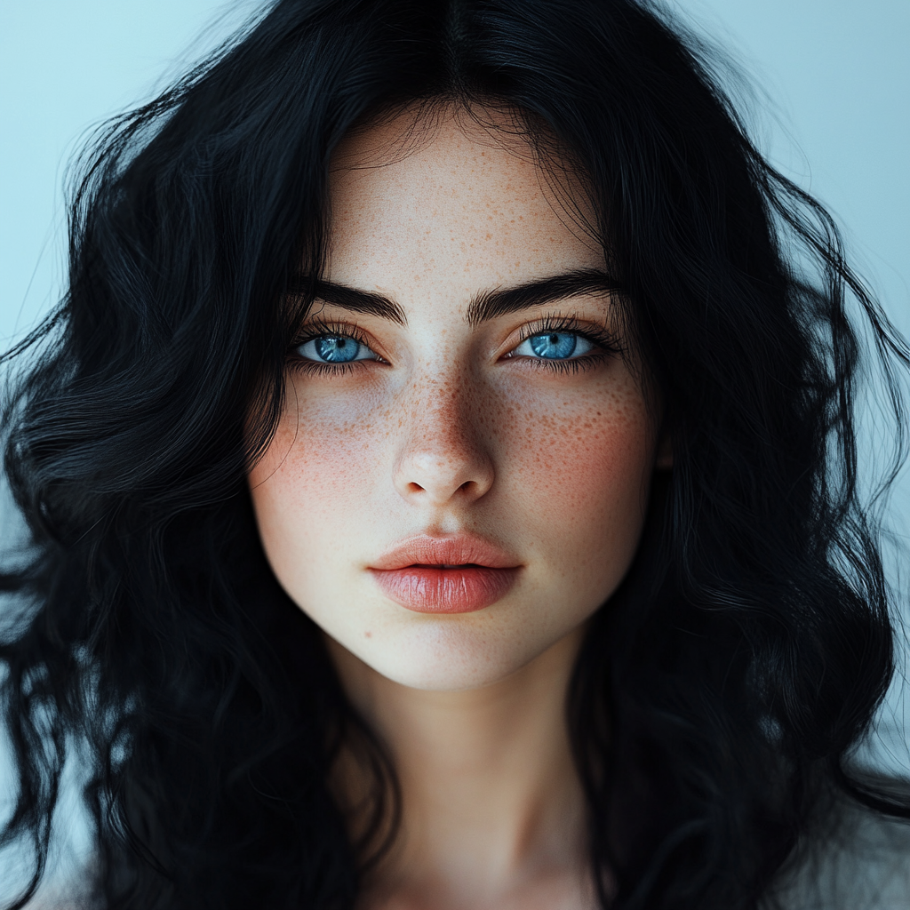 Realistic portrait of beautiful woman with black hair.