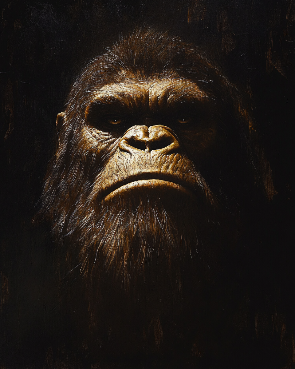 Realistic portrait of bigfoot by Rembrandt, dramatic lighting