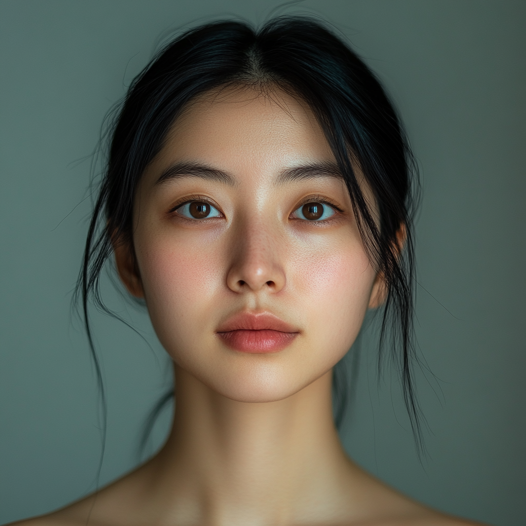 Realistic portrait of calm East Asian woman, 28