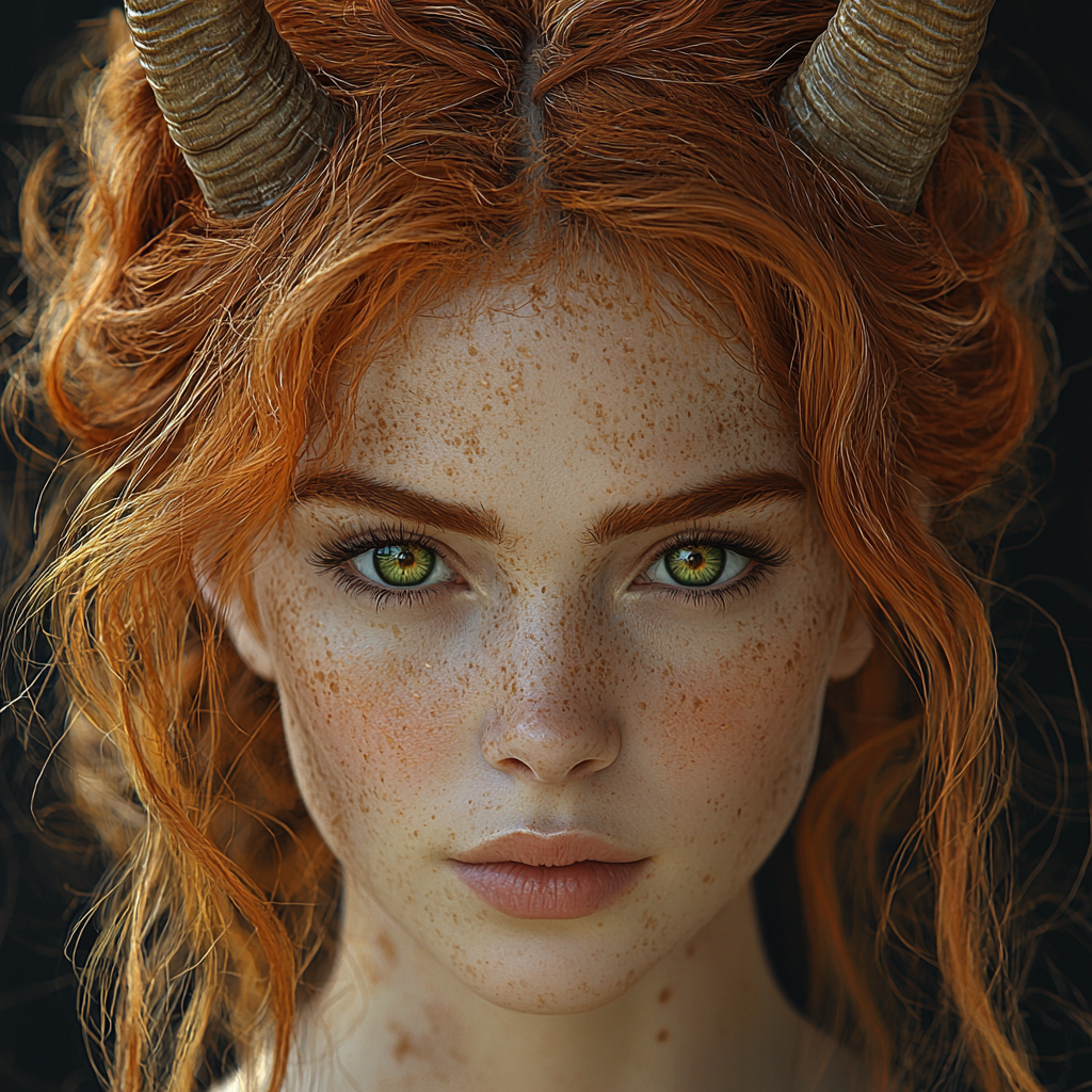 Realistic portrait of female with ginger hair, goat features.