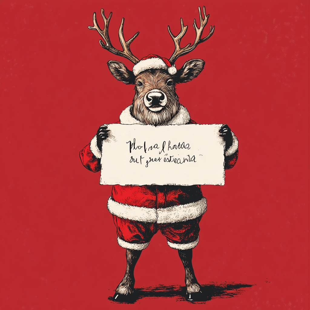 Realistic reindeer in holiday outfit holding festive message sign.