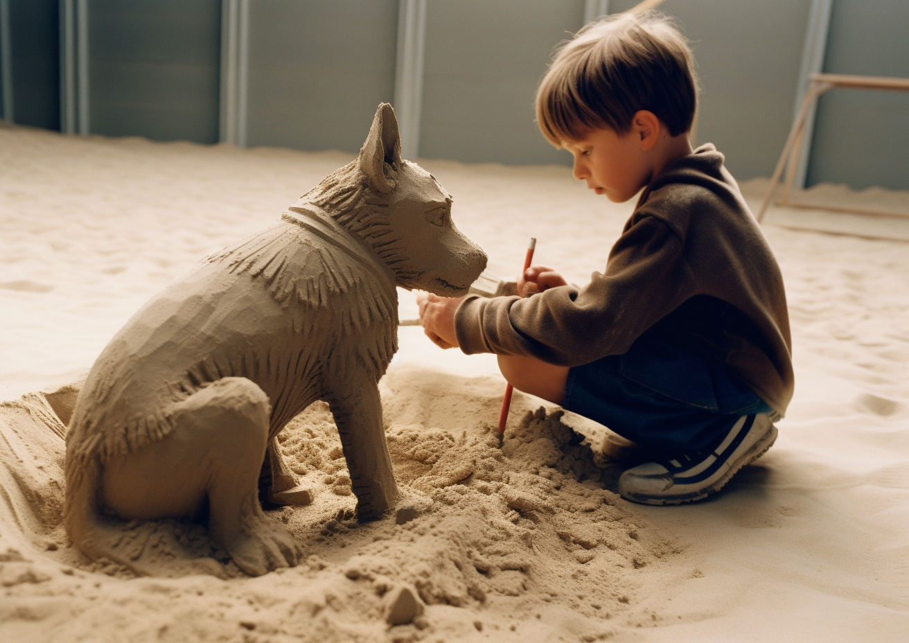 Realistic sand sculpture of dog, film photography detailed.