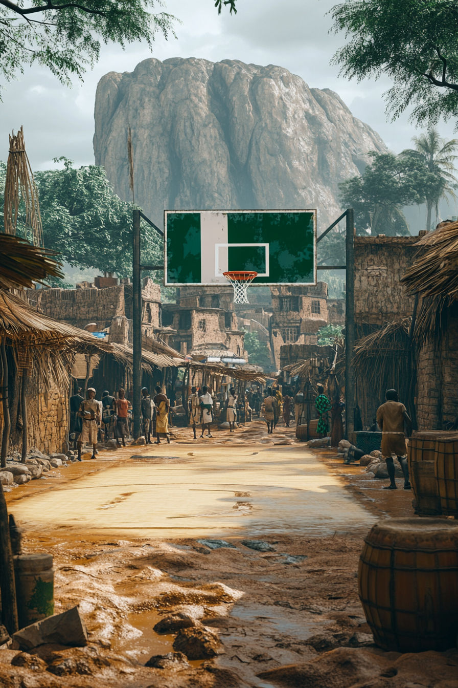 Realistic scene of Nigerian basketball court with cultural elements.