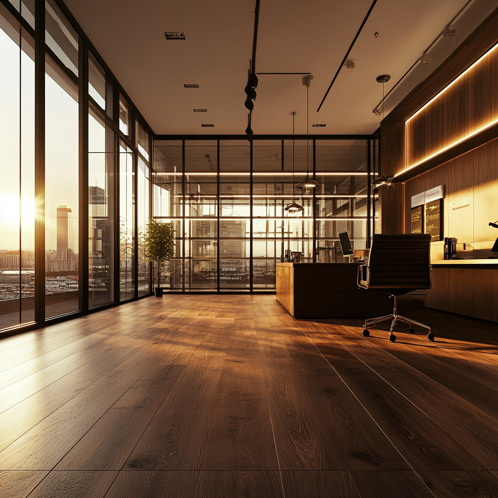 Realistic showroom space with dark oak wooden flooring.