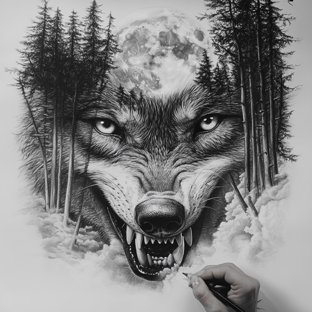 Realistic snarling wolf in forest with full moon, pencil drawing