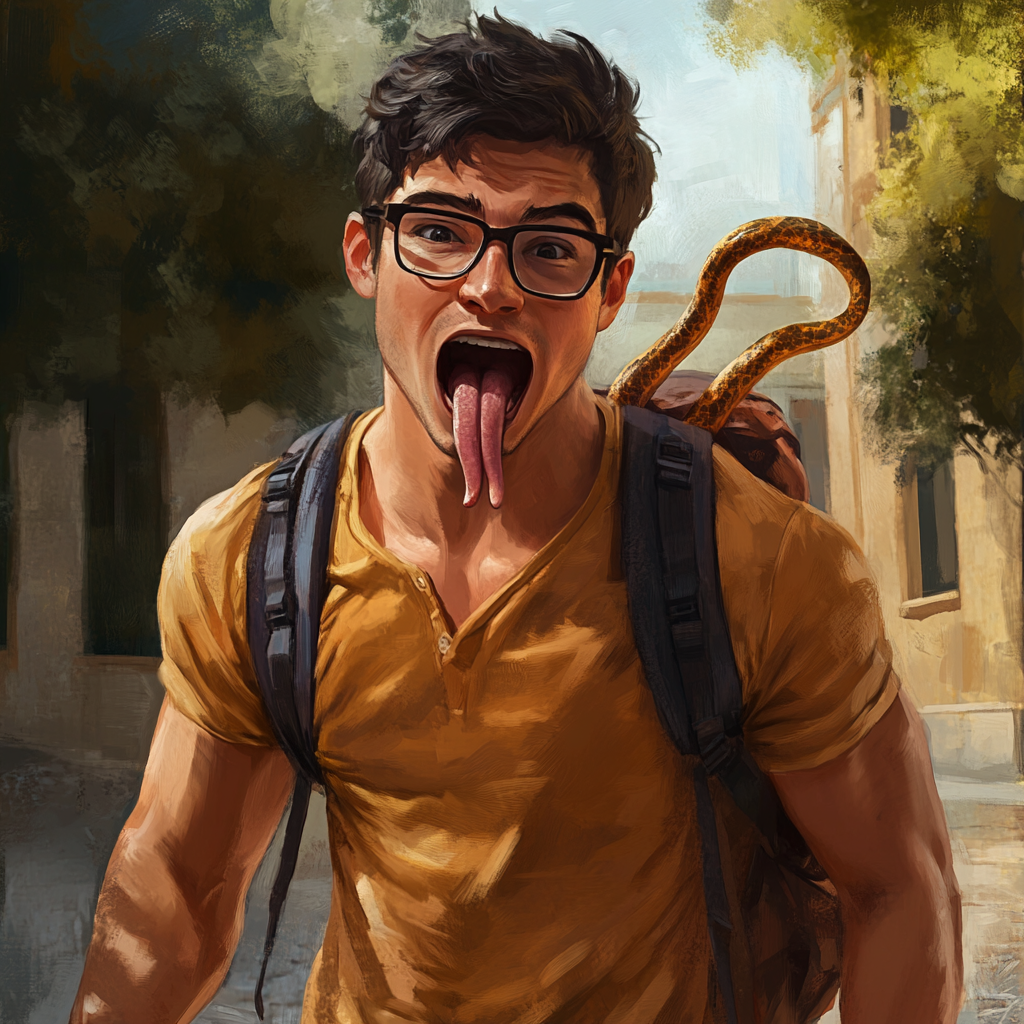 Realistic superhero college student with bifid snake-like tongue, glasses