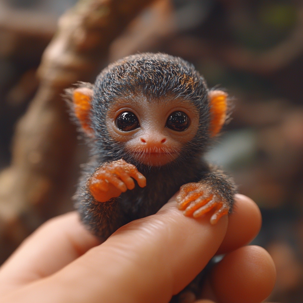 Realistic video of pygmy marmoset holding human finger.