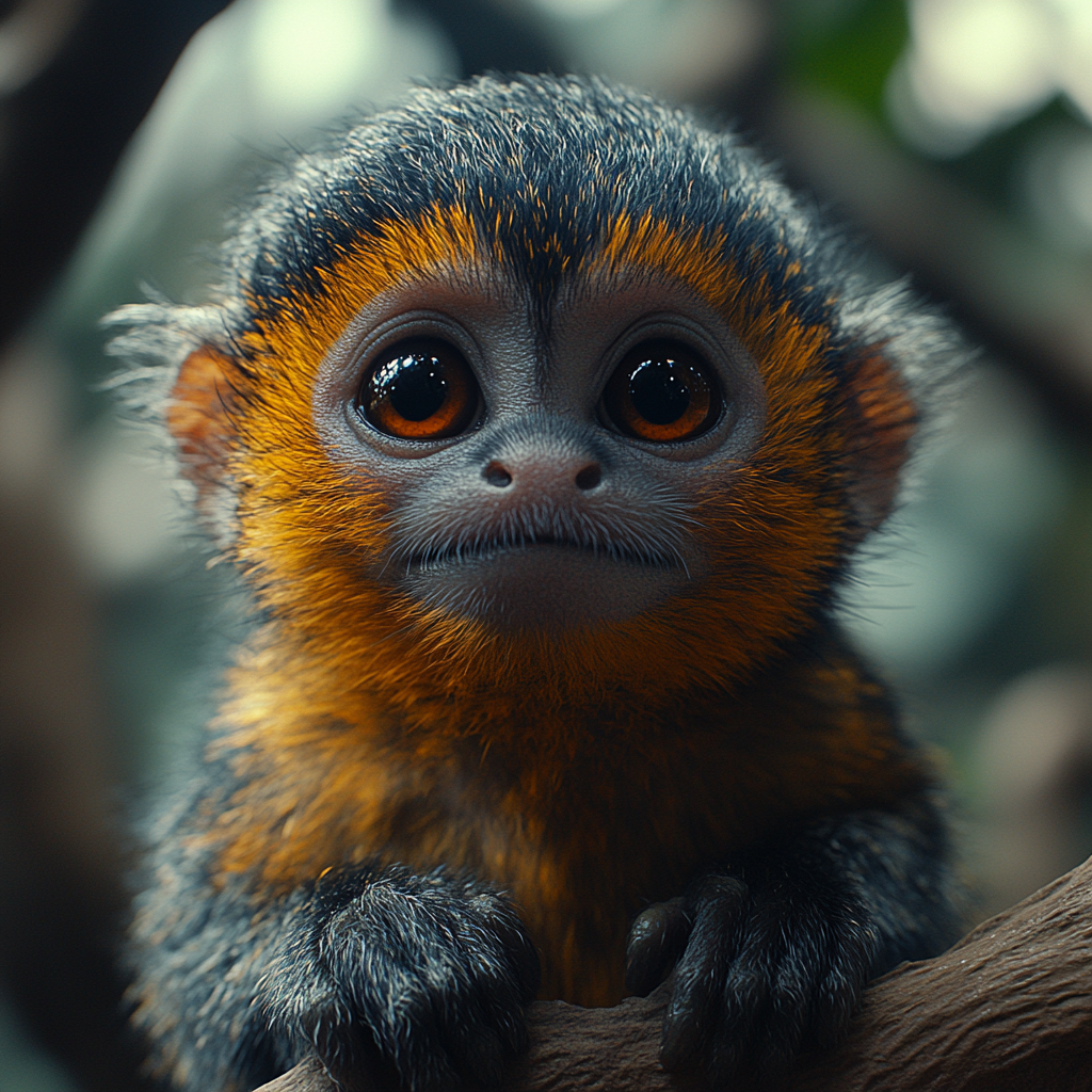 Realistic video: pygmy marmoset monkey clinching finger, detailed shading.