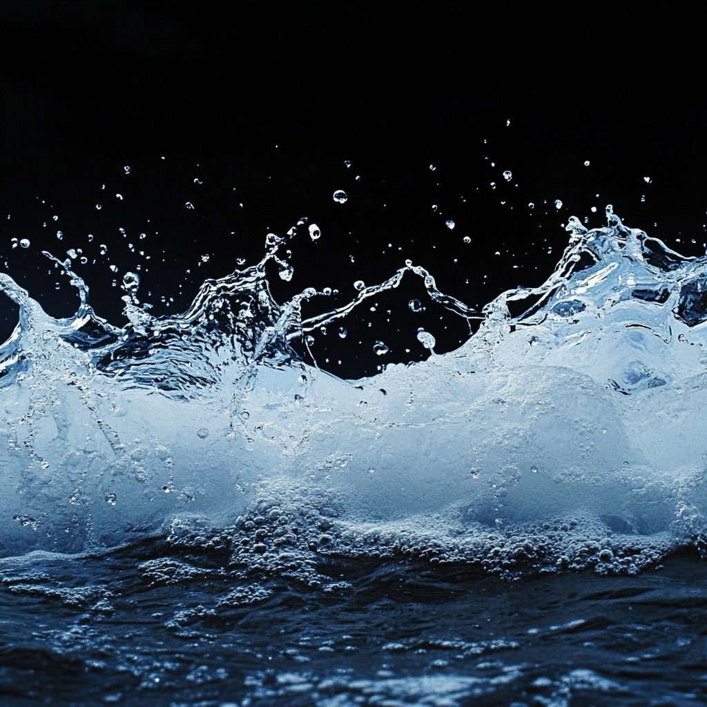 Realistic wall of water with splashes on black.