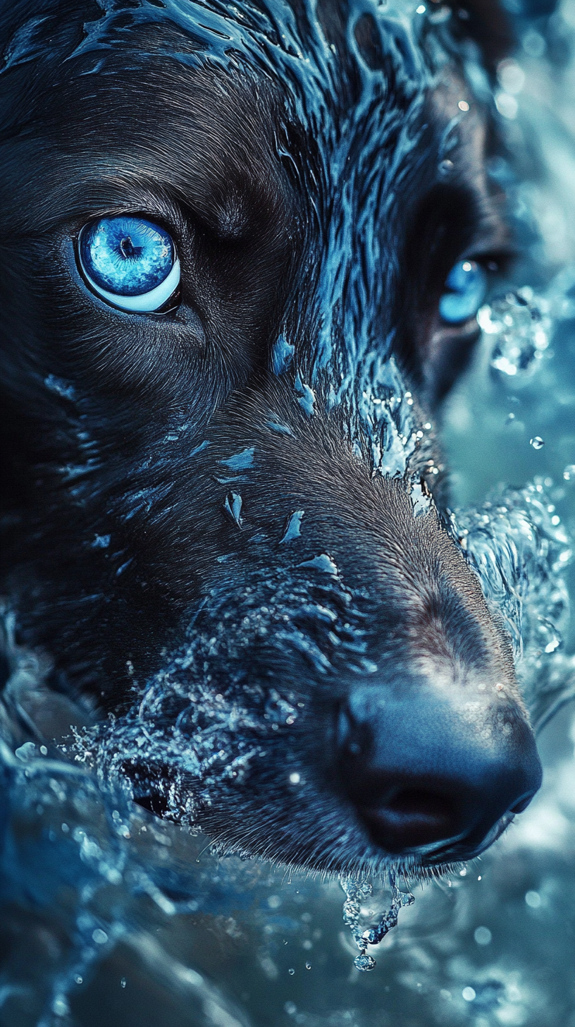 Realistic water-powered dog with deep blue fur and sparkling wave patterns. Bright blue eyes and water droplets swirling around legs and tail. Aquatic landscape background with rivers, waterfalls, and mist.