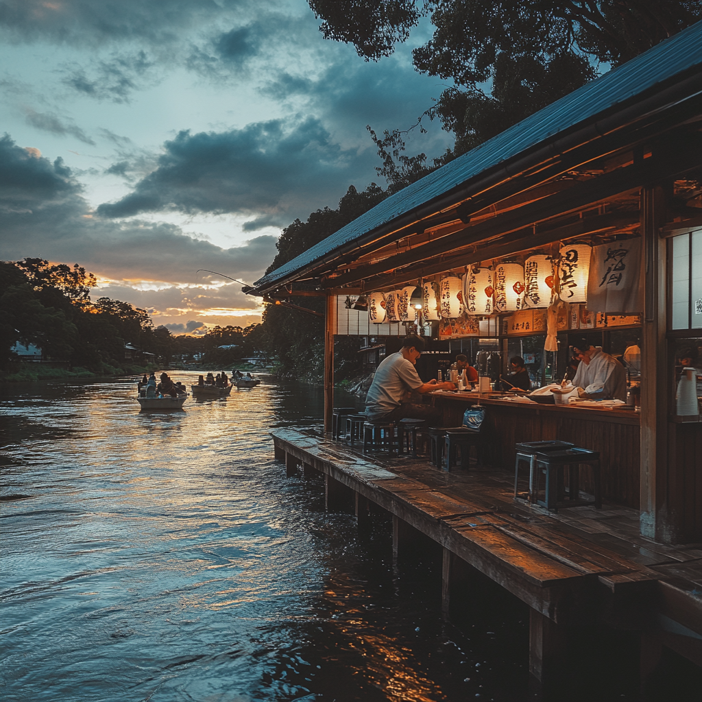 Realistic wide-angle photo of Australian river fishermen, sushi master.