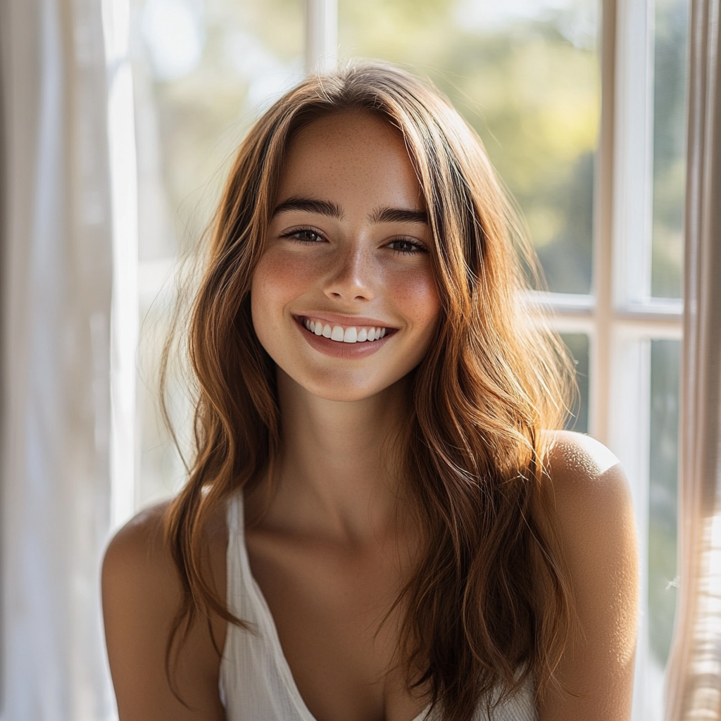 Realistic young woman in bright room smiling naturally.