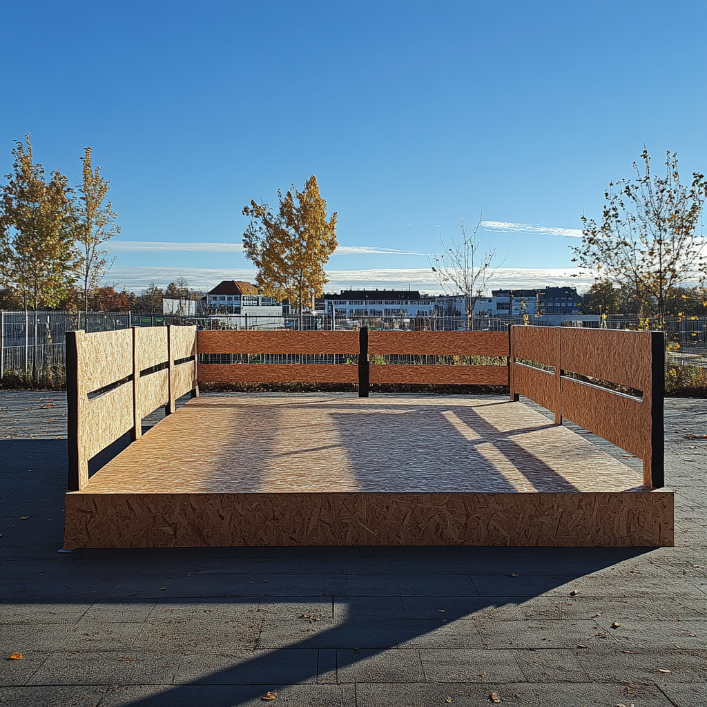 Realistischer Boxring aus OSB-Platten auf Sportplatz.