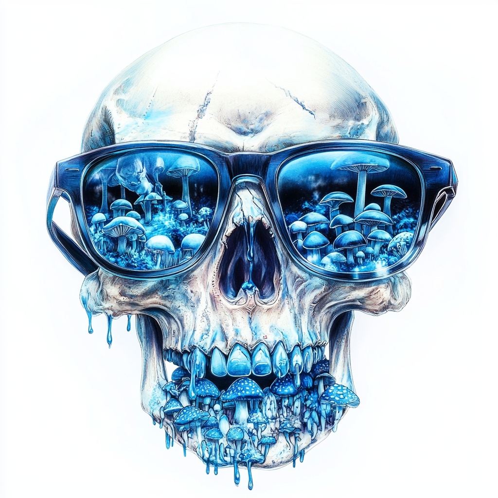 Reaper with sunglasses and blue mushrooms reflection, tattoo design