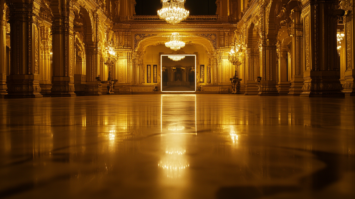 Rectangle mirror inside golden palace at night.