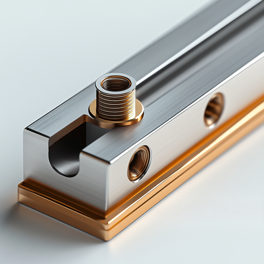 Rectangular metallic DIN rail with polished metal finish above.