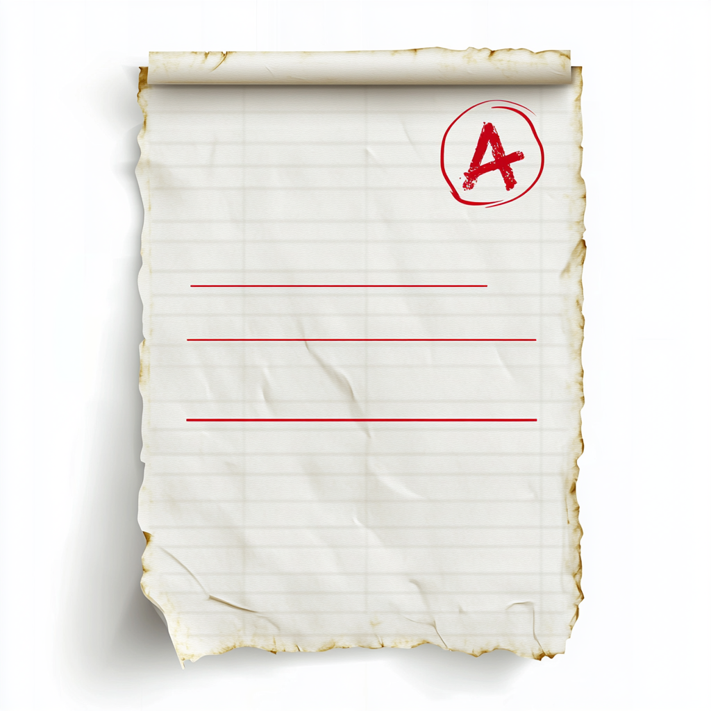 Red 'A+' on paper with handwritten text