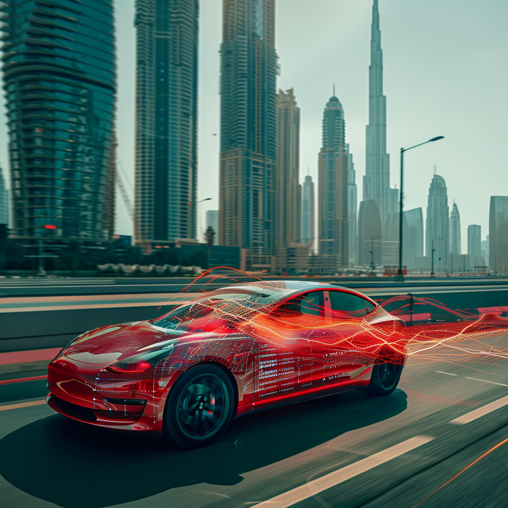 Red Car with Energy Flow Lines in Dubai