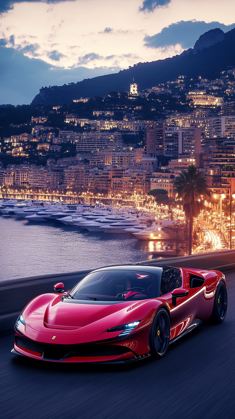 Red Ferrari speeding in Monaco with yachts at harbor.