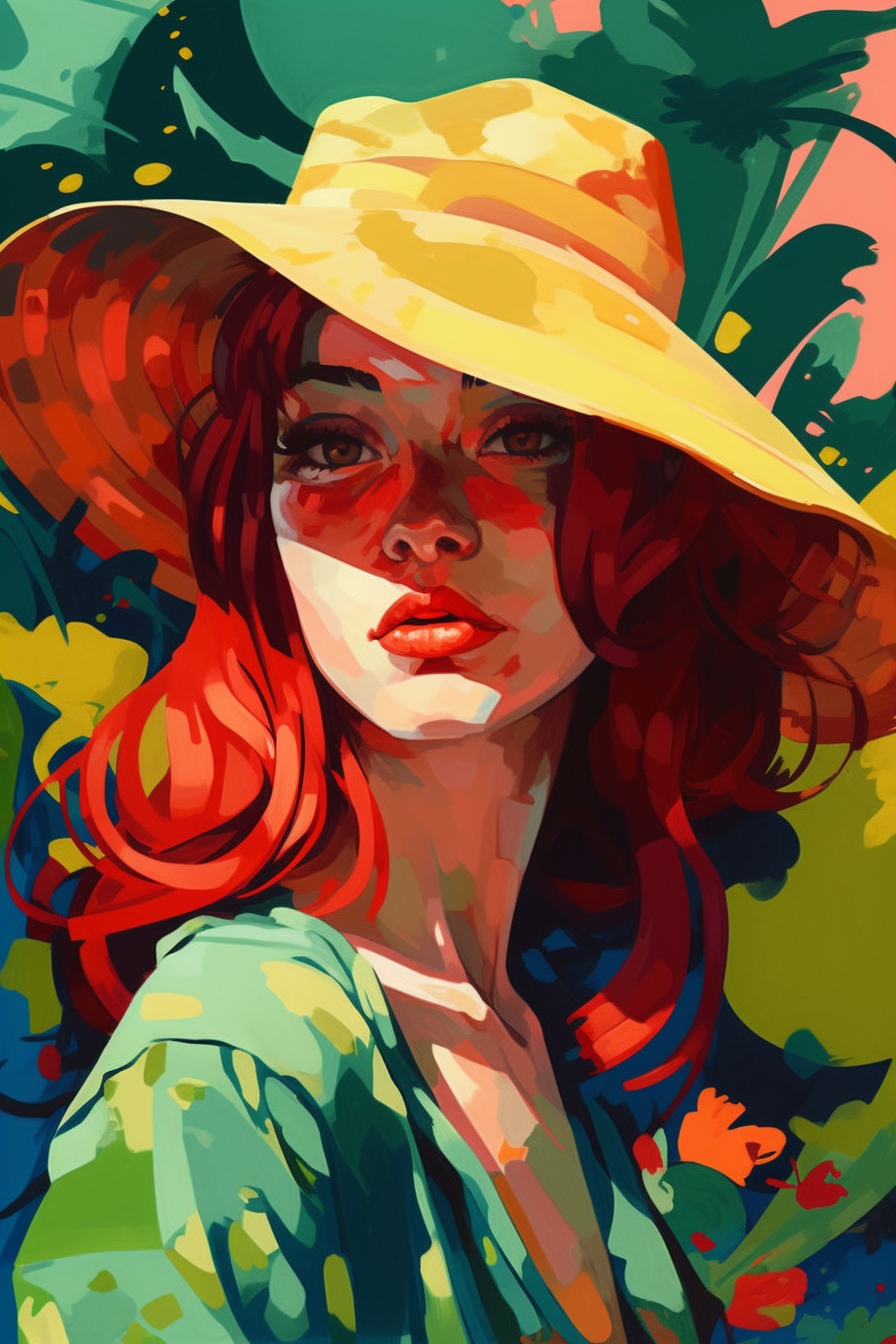 Red-Haired Woman in Oversized Brim Hat Flat Illustration